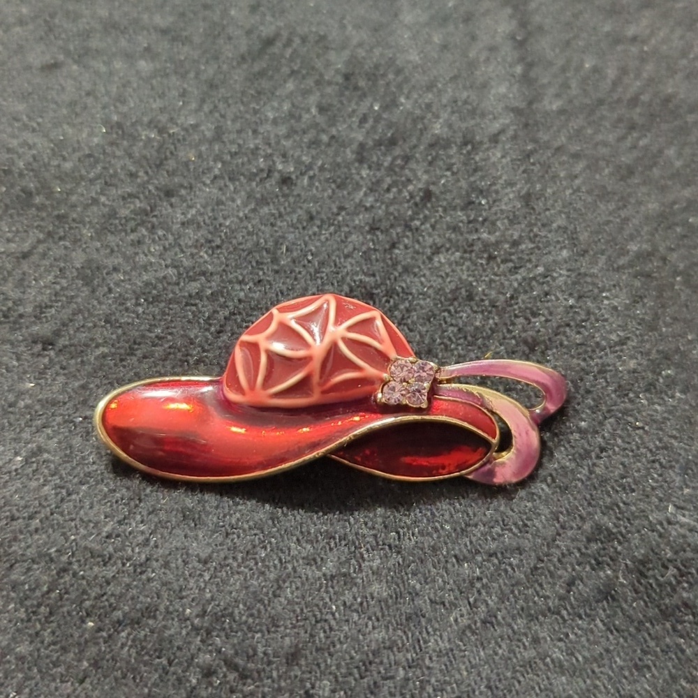 Gold Tone Red Enamel Purple Rhinestone Hat Statement Brooch Pin